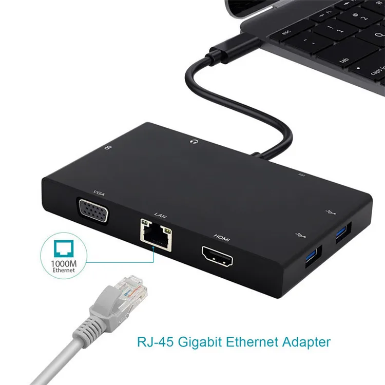 TC801H 8in1 Type-c hub Adapter Type C to Hd + VGA + Ethnernet rj45 + 2 usb3.0+ usb c + SD Card reader + 3.5mm audio for Macbook