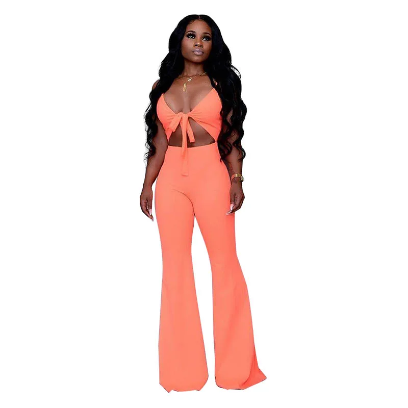 

Solid Color Hollow Out Straps Top and Wide Leg Pants
