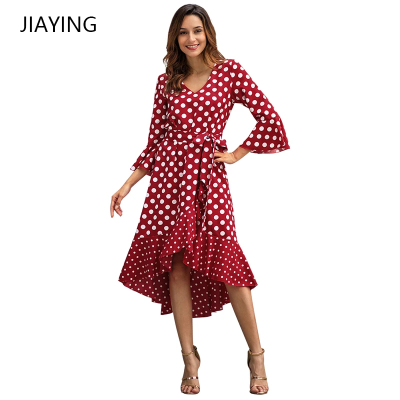 

Newest Spring Top Quality Long Sleeve Polka Dot Ruffle V Neck Split Maxi Womens Dress