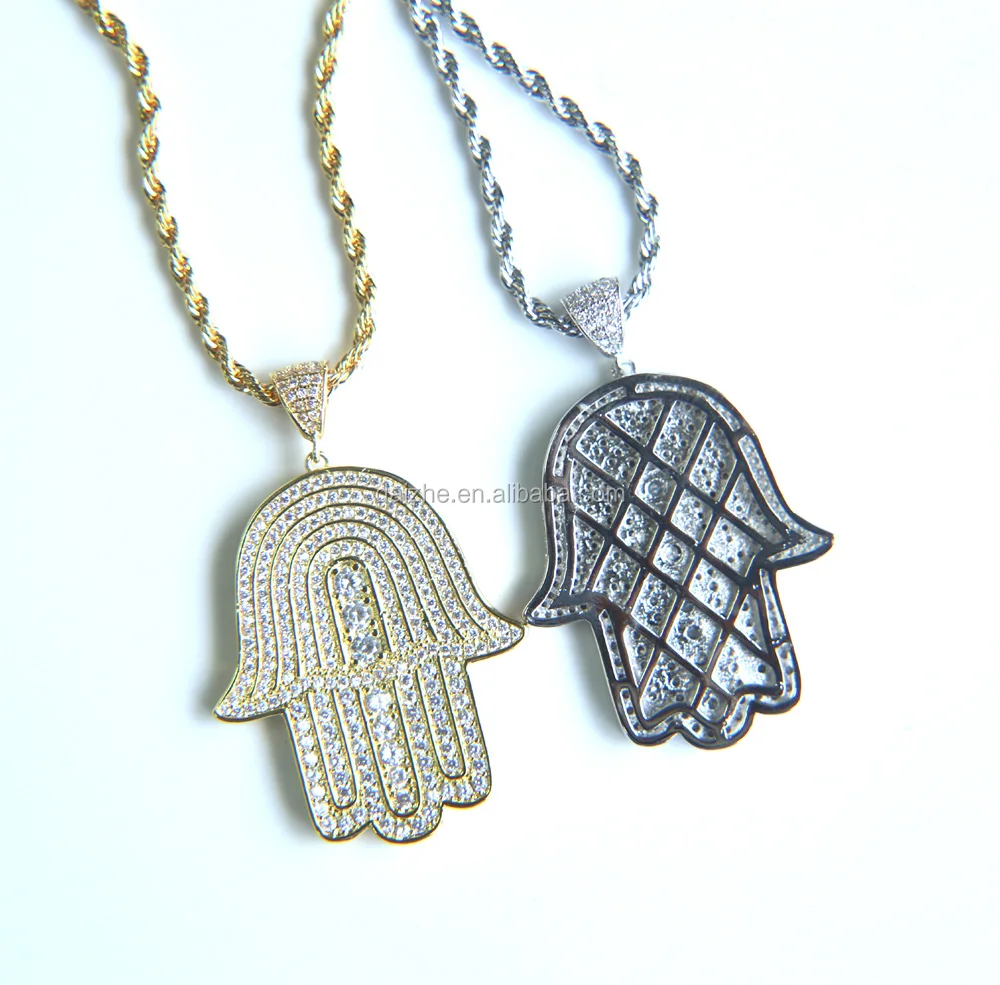 

2021 new arrive factory custom hip hop bling jewelry AAA lab diamond hamsa hand pendant necklace