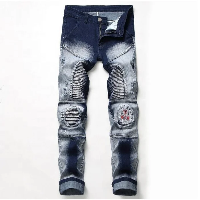 

Men Jeans Ripped Biker Hole Denim Patch Harem Straight Punk Rock Slim Fit Classic Hip Hop Blue Jeans For Men Pants