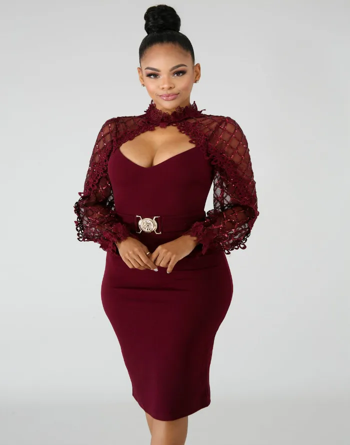 

Gorgeous lace neck patterns sexy midi women dress shining sequin mesh long sleeves belts decoration 3249