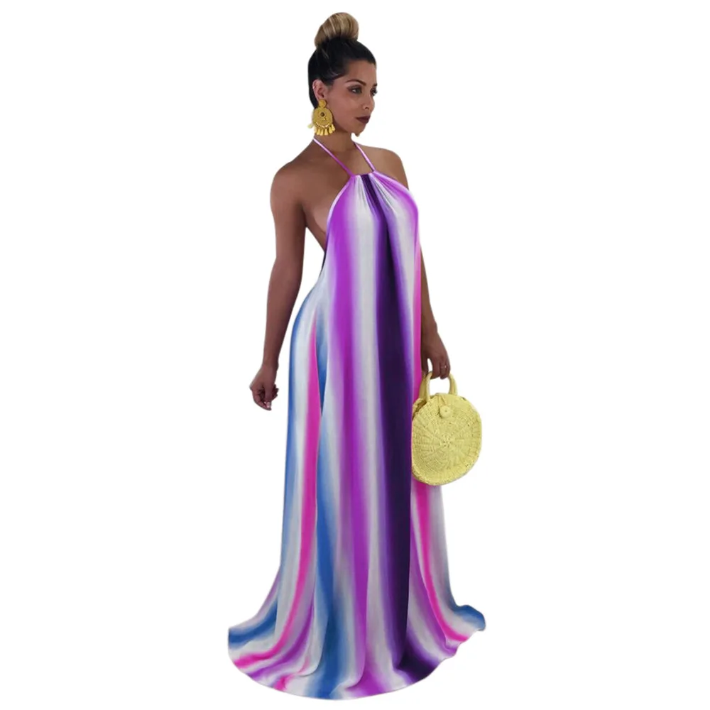 

Women Sexy Halter Sleeveless Outfits Floral Rainbow Summer Beach Maxi Dress