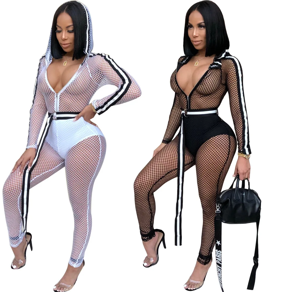 

Hot sexy see through mesh open out long sleeves hollow out women bandage jumpsuit 3387