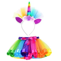 

Little Girls Layered Rainbow Tutu Skirts with Unicorn Horn Headband Outfits for Birthday Kids Party 2 pcs