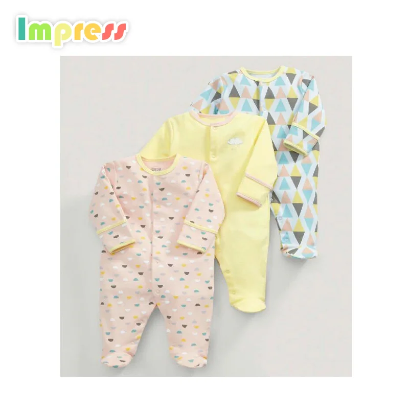 

Custom logo coloful printed footed organic baby romper footed sleeper one-piece cotton 3pcs baby romper with foot, As picture