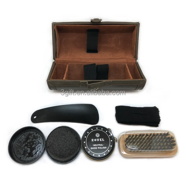 
Care Kit Shine Shoes Box Wood Customized Leather Storage Case Oem Instant Polisher Gift Shoe Shine Equipment 
