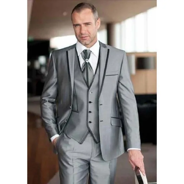 

New Grey Wedding Men Suit 3Pieces(Jacket+Pants+Vest+Tie) Latest Design Groom Evening Party Dress Blazer, White black