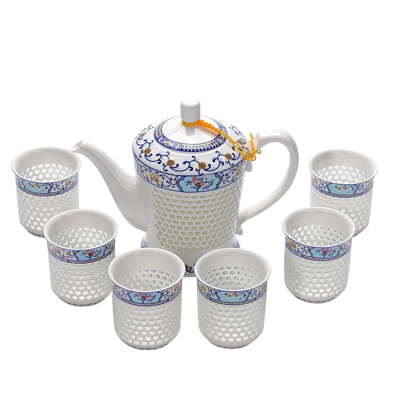 

Blue-and-White Exquisite Ceramic Teapot Kettles Tea Cup Porcelain Hollowed Honeycomb Chinese Kung Fu Tea Set Drinkware, Any pms colour is accepted