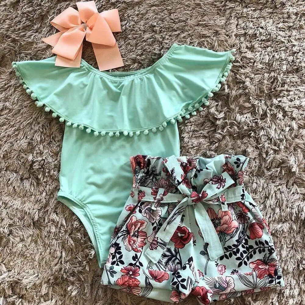 

lyc-1066 Newborn Kid Baby Girl Clothes Ruffle Romper Floral Shorts Summer Outfits Set