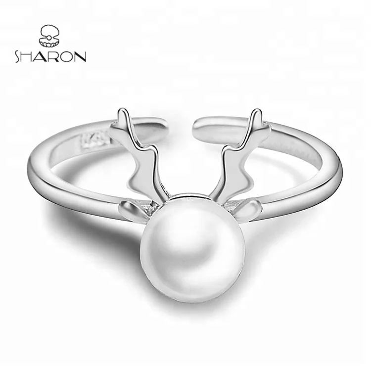 

Fashion Jewelry Animal Ring S925 Sterling Silver Pearl Deer Anlters Solitaire Ring, White