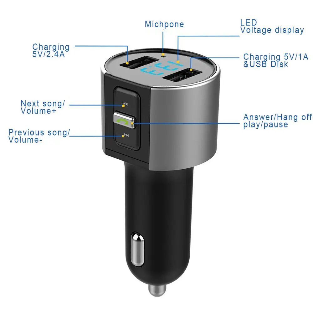 Wireless Bt Car Kit Fm Transmitter 3.4a Dual Usb Car Charger C26s