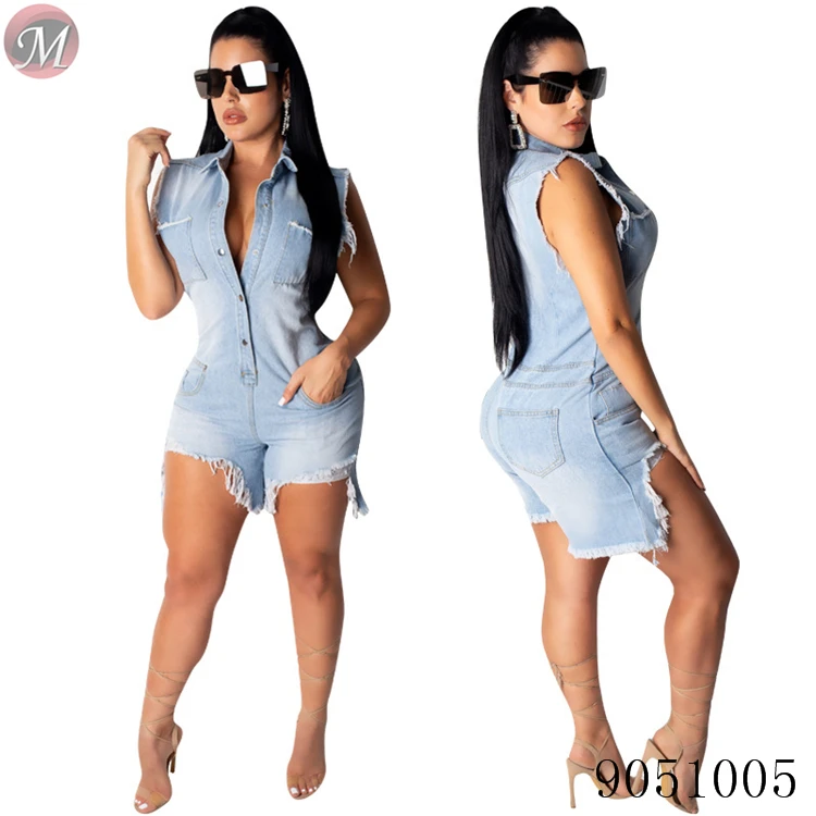 

9051005 queenmoen 2019 Summer's hot style button up washed stretch casual denim rompers for women