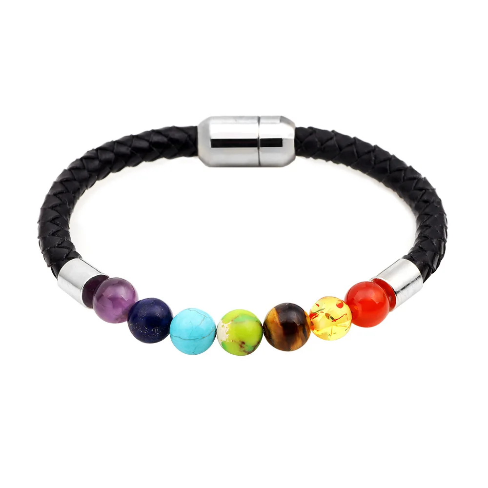

Genuine leather bracelet with 8mm 7 chakra stone beads, As pictures