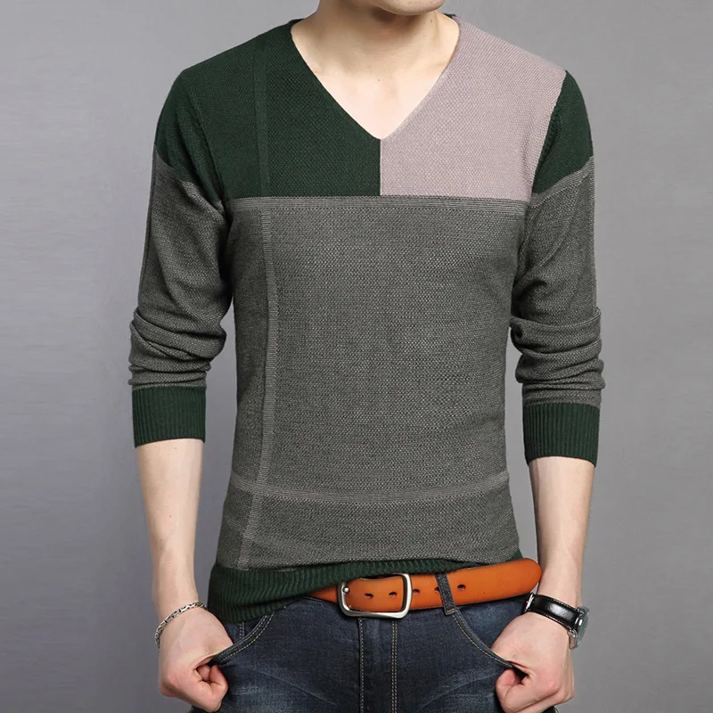 

autumn fashion v-neck patchwork long sleeve man casual knitted sweater, Plaid