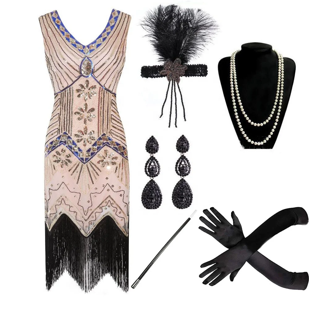 

ecowalson 1920s Art Deco Fringed Sequin Dress 20s Flapper Gatsby Costume Dress with accessory, N/a