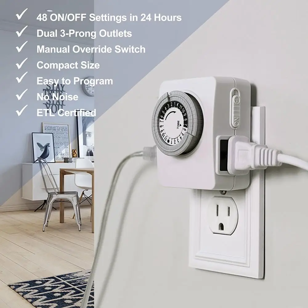 
Indoor Mechanical Outlet Timer, 24 Hour Programmable Plug In Light Timer Switch for Electrical Outlets with 2 Grounded Outlets 