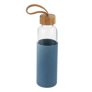 Image of Custom Bamboo Lids Silicone Sleeve Insulated Borosilicate Glass Water Bottle