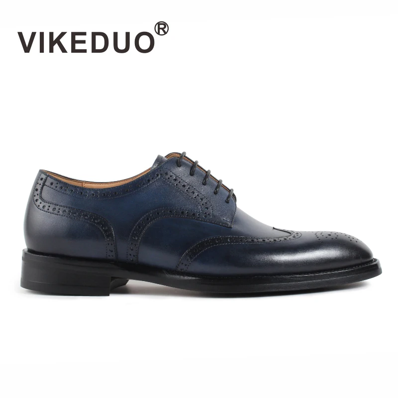 

VIKEDUO Hand Made Longwing Brogues Derby Leather Footwear Male Luxury Custom Your Own Brand Shoes Men, Dark blue
