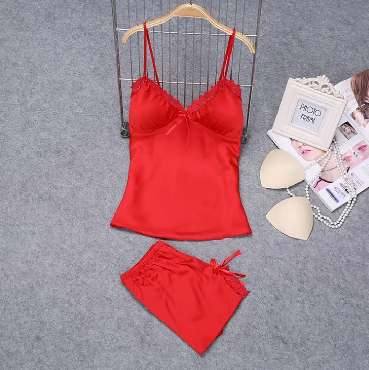 

China Polyester Like Silk Satin Sleeping 2 Piece Short Set Women, Solid