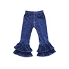 Baby Girls Soft Fabric Casual Denim Trousers Elastic Waist Kids Plus Sizes Jeans Pants Girls Double Ruffle Bell Bottoms Pants