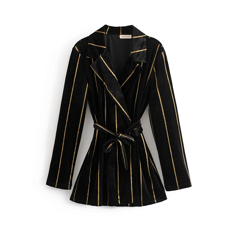 

Elegant design striped black color women fashion slim fit velvet jacket office lady blazer