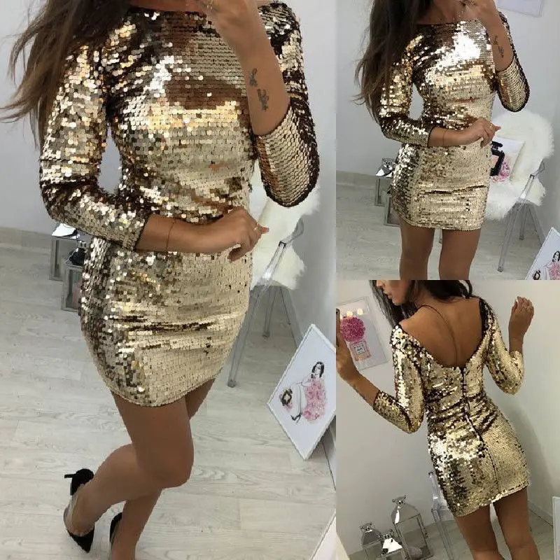 

Women Sequin Bodycon Evening Party Long Sleeve Sparkly Sexy Short Mini Dress