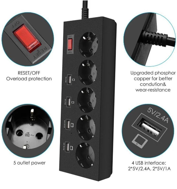 16a Universal Surge Protector Power Strip With 5 Outlets And 4 Usb 