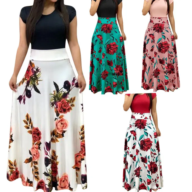 

90428-MX40 Discounting fashion 7 styles flower printed flare long casual dresses for lady