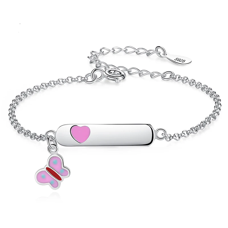 

Fashion 925 Sterling Silver Bracelet Pink Enamel Butterfly & Heart Woman Bracelets Silver Fashion Jewelry For Children