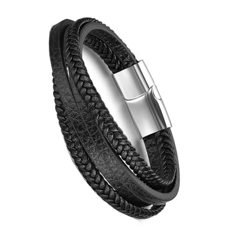 

Best Seller Stainless Steel Men Leather Bracelet With Magnet Clasp
