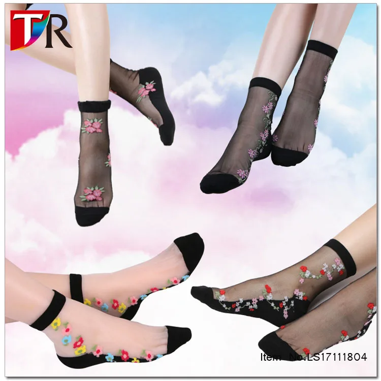 sexy women floral fancy ankle lace socks rhinestone crystal see through socks