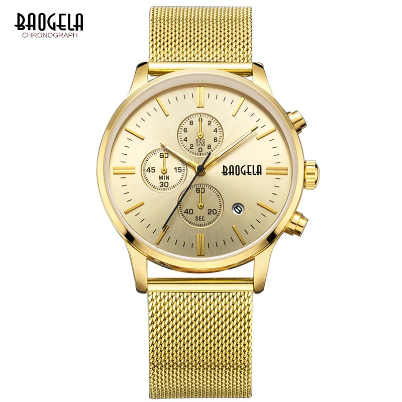 

BAOGELA Top Men Quartz Watch Stainless Steel Mesh Band Gold Watches Slim Male Sports Fashion Wrist Watches