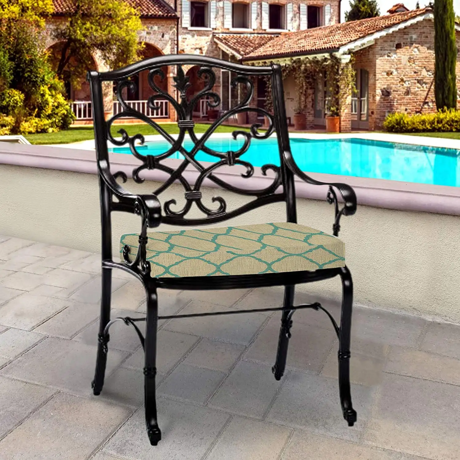 Thomas Collection Outdoor Cushions, Emerald Green Taupe Patio Cushions, Outdoor Dining Cushions, One Outdoor Patio Seat Cushion, Made in US, 13161