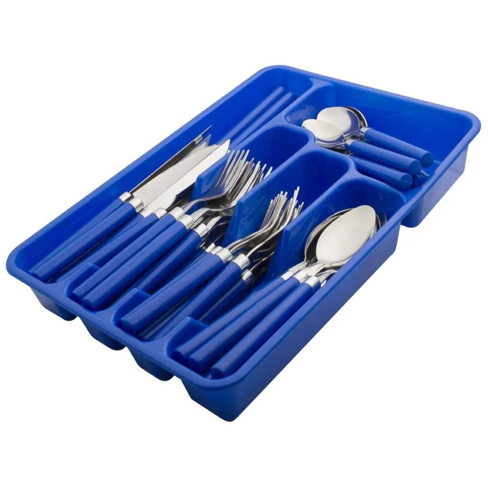 24 Piece Cheap Blue Plastic Handle 2 Rivet Silverware Fork Spoon Knife Cutlery Set With Caddy