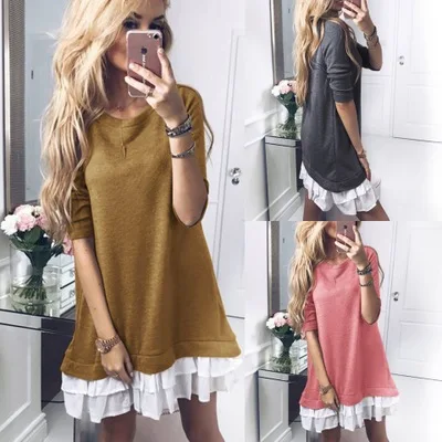 New Fashion short sleeve long t shirt dress grenadine splicing dress with bead summer women dress