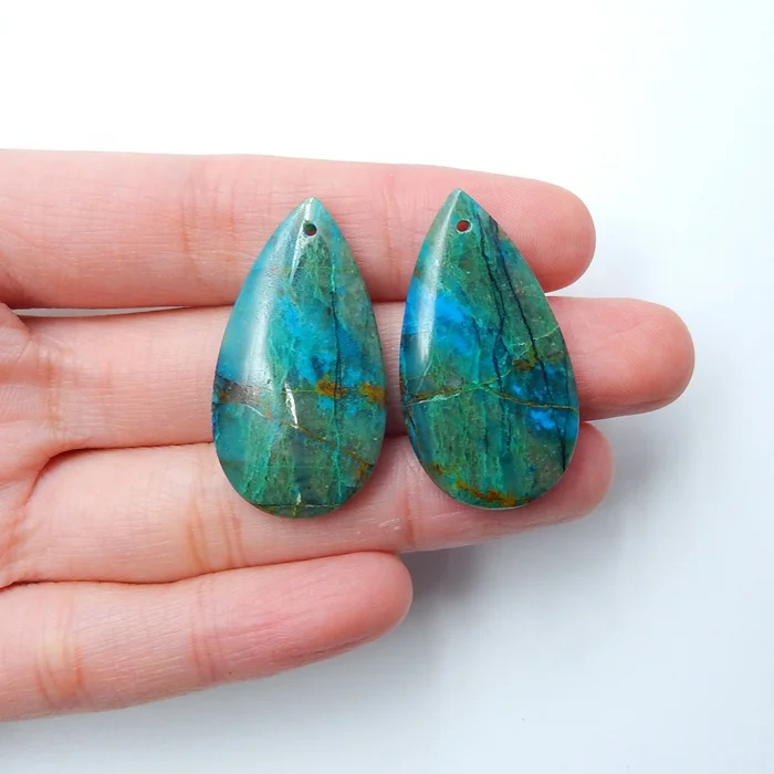 

Gemstone Drop Beads for Chrysocolla Earrings withe Stones for Women Custom Gem Polished 33x18x6mm 7.4g, Natural