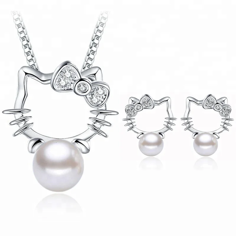 

Free Shipping Jewelry Women Imitation Pearl Hello Kitty Cat Jewelry Set, White