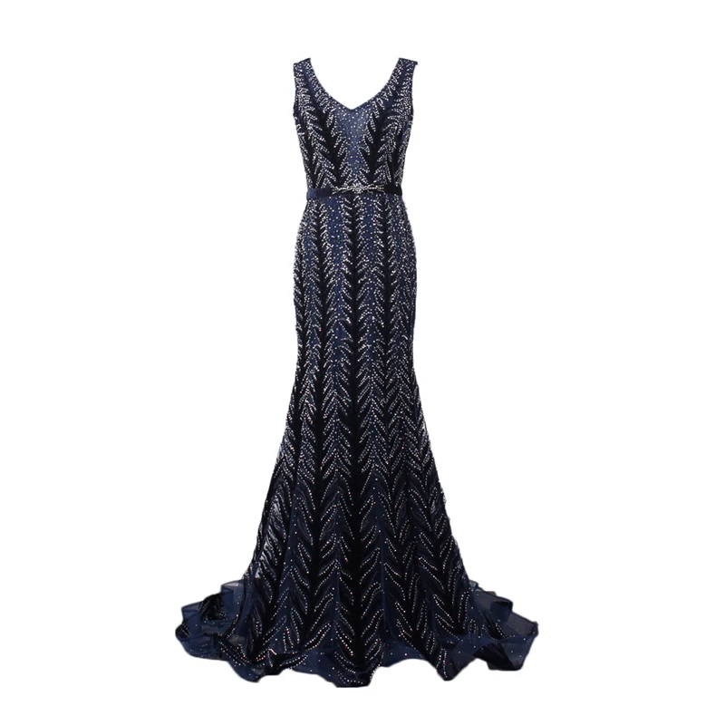 

YY026 Navy Blue V neck Design Beaded Princess Evening Dress Lace China Cheap Evening Gowns
