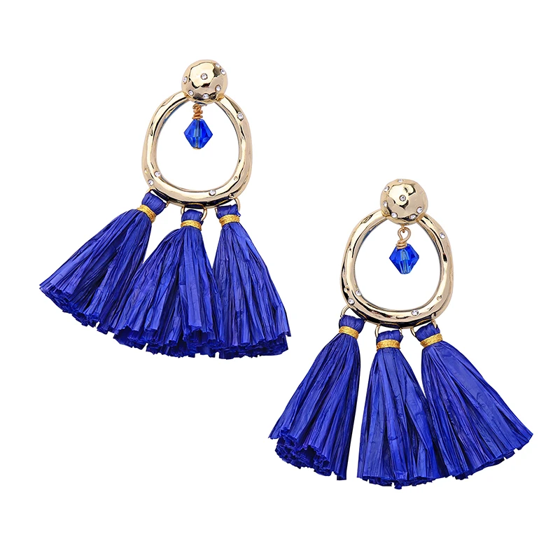 

ed01831c Handmade Bohe Style Gold Plated Crystal Three Dangle Raffia Tassel Earrings for Women