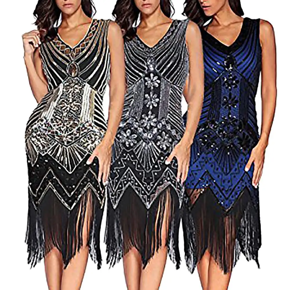 

Tassels Short Evening Dress with Sequin patchwork geometric