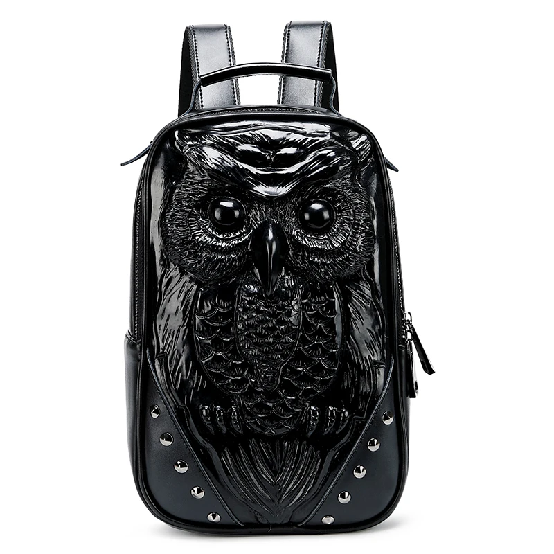 

3D owl cool rivet design genuine leather backpack, Black, silver, gold