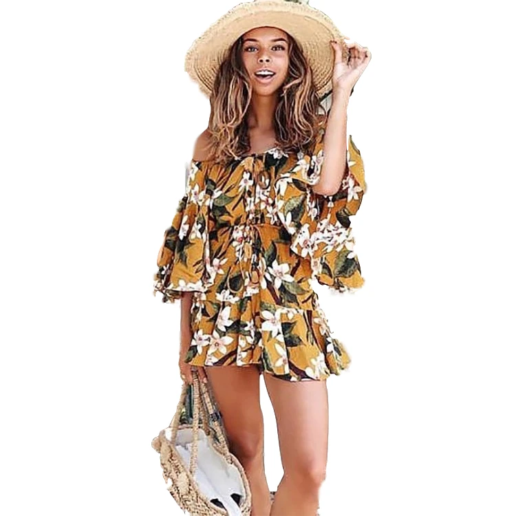 

New Bohemian printed women dresses strapless shoulder clothes woman sexy dress