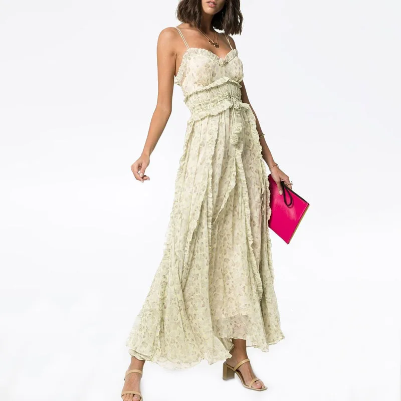 

2019 Luxury fashion ladies dress deep V prom lace floral printed party frills slip dress women spaghetti strap maxi dress
