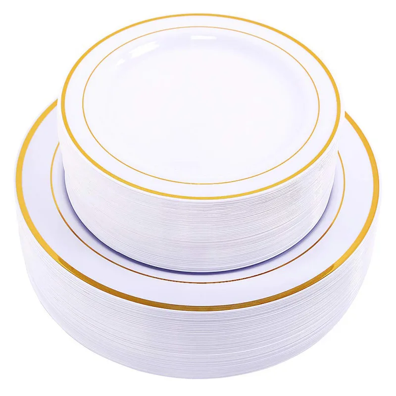 

wholesale 7.5" 10.25" gold rim wedding disposable plastic plates