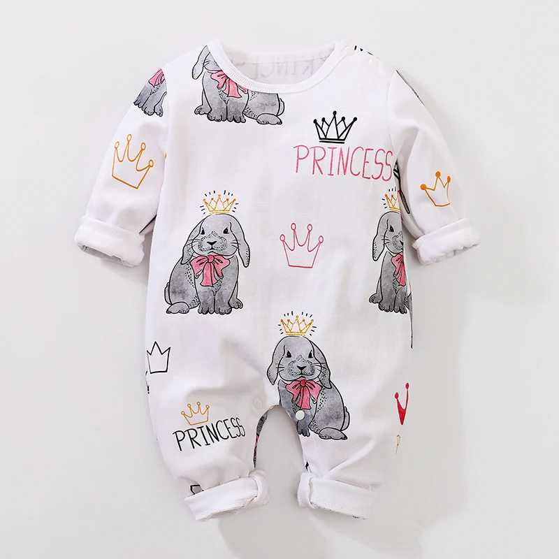 

Spring 2019 new 100% cotton long sleeve round collar cute princess rabbit printed infant romper, retail and wholesale., Picture shows
