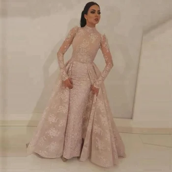 Baby Pink Lace High Neck Long Sleeve Evening Dresses Muslim Prom