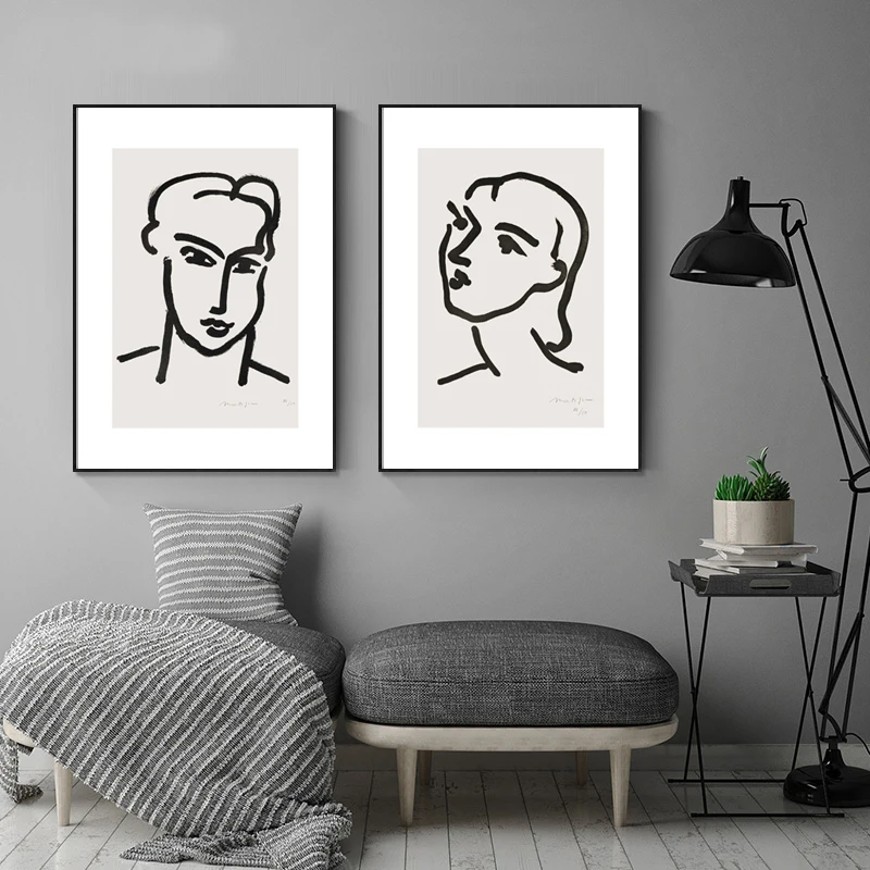 
Henry Matisse Abstract Portrait Poster Prints Woman Face Line Artwork On Canvas Painting Black White Minimalist Wall Art Picture 