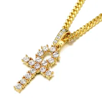 

2019 Hot Sale 18K Gold Plated Box Chain Cubic Zirconia Hips Hop Crystal Egypt Ankh Cross Key Pendant Necklace