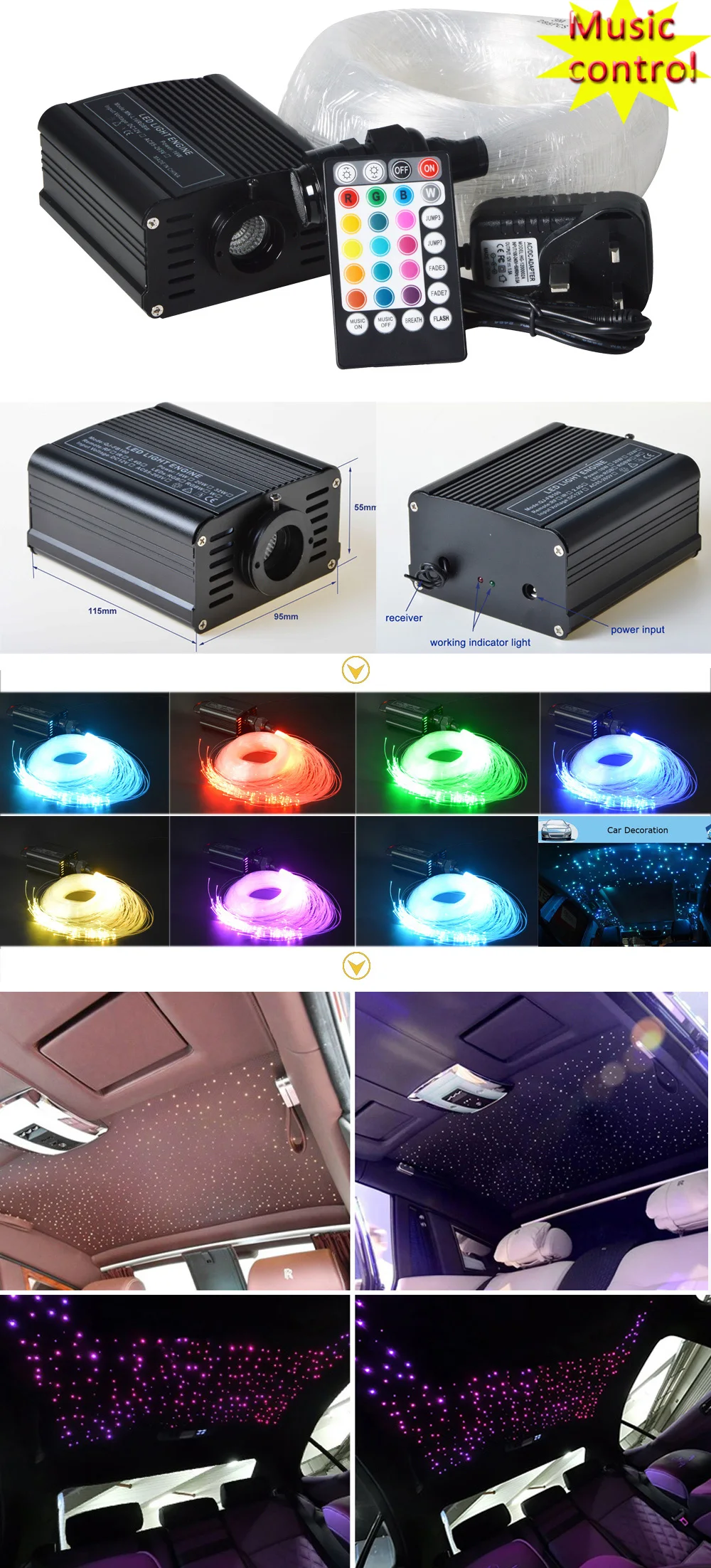 12v 16w Car Star Ceiling Light Kits 3m Car Fiber Optic Car Ceiling